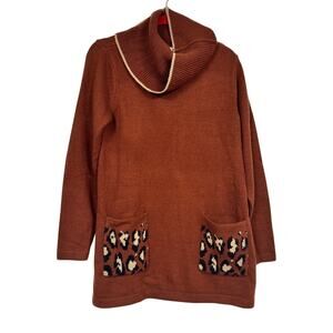 Logo Lori Goldstein Brown Animal Print Trim Cowl Neck Tunic Sweater Womens S